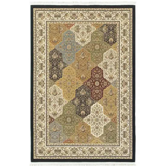 Navy Blue Tan And Ivory Oriental Area Rug With Fringe Photo 2