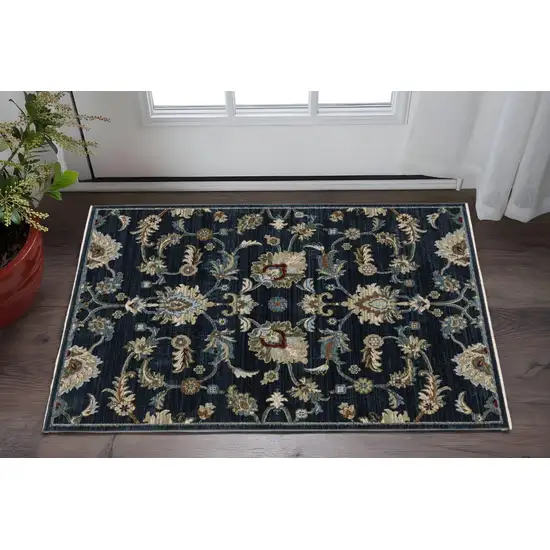 Navy Blue Tan And Teal Oriental Area Rug With Fringe Photo 1