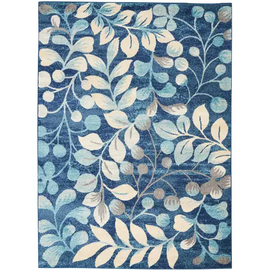 Navy Blue and Beige Botanical Leaves Area Rug Photo 2