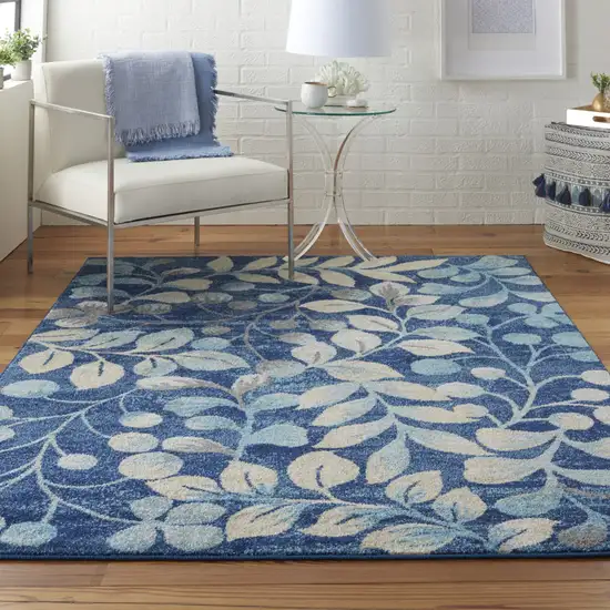 Navy Blue and Beige Botanical Leaves Area Rug Photo 8