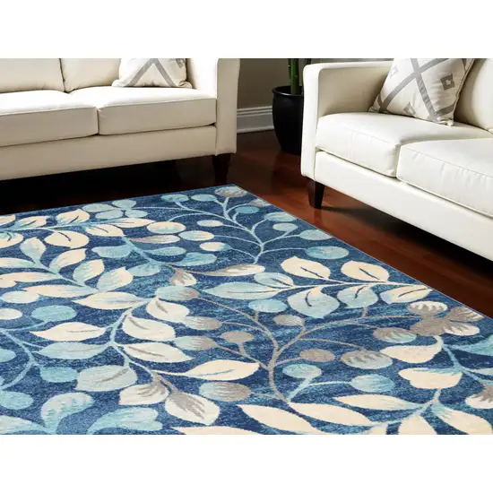 Navy Blue and Beige Botanical Leaves Area Rug Photo 1