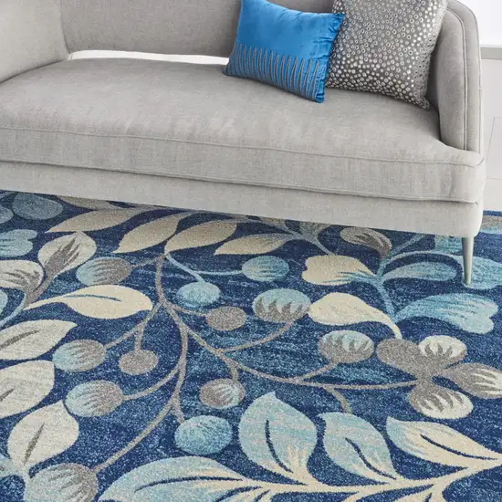 Navy Blue and Beige Botanical Leaves Area Rug Photo 9