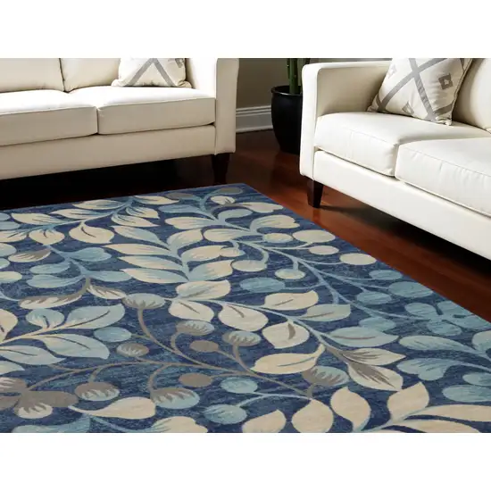 Navy Blue and Beige Botanical Leaves Area Rug Photo 1