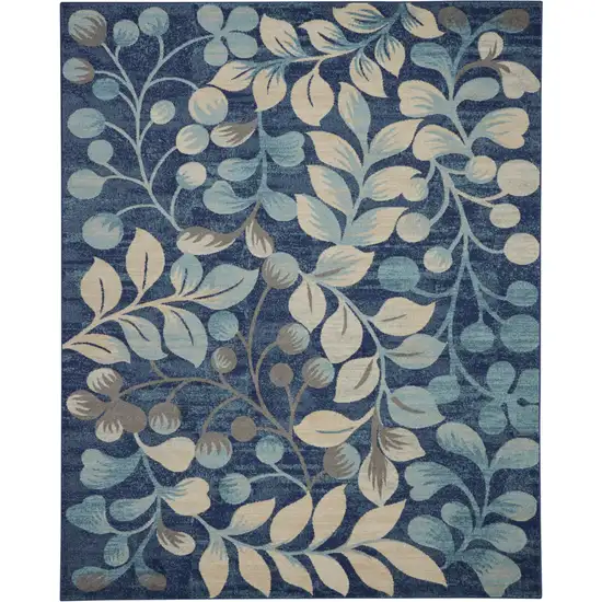 Navy Blue and Beige Botanical Leaves Area Rug Photo 2