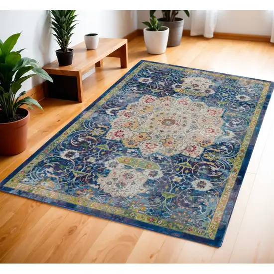 Navy Blue and Gold Floral Medallion Distressed Non Skid Area Rug Photo 1