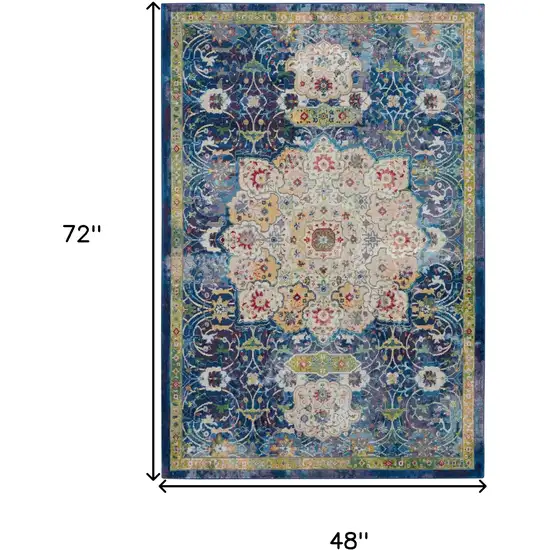 Navy Blue and Gold Floral Medallion Distressed Non Skid Area Rug Photo 3