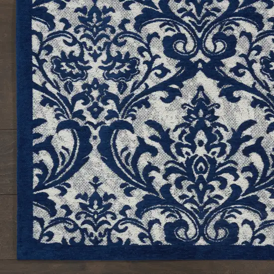 Navy Blue and Ivory Damask Distressed Area Rug Photo 7