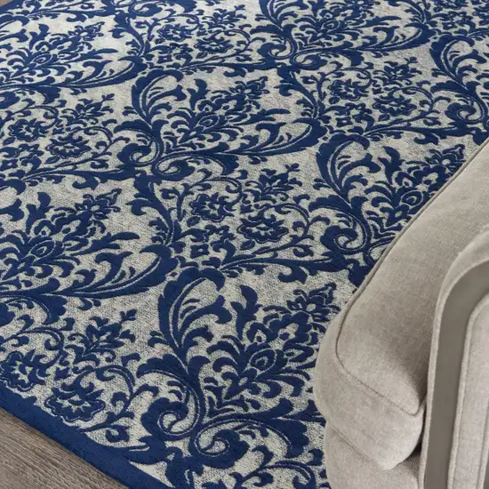 Navy Blue and Ivory Damask Distressed Area Rug Photo 4