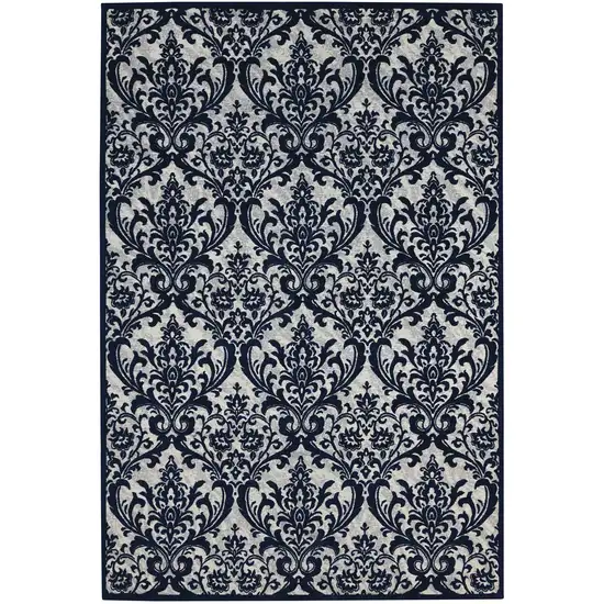 Navy Blue and Ivory Damask Distressed Area Rug Photo 2