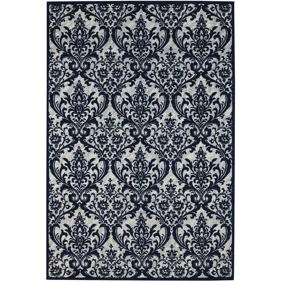 Navy Blue and Ivory Damask Distressed Area Rug Photo 5