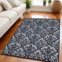 Photo of Navy Blue and Ivory Damask Distressed Area Rug