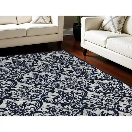 Navy Blue and Ivory Damask Distressed Area Rug Photo 1