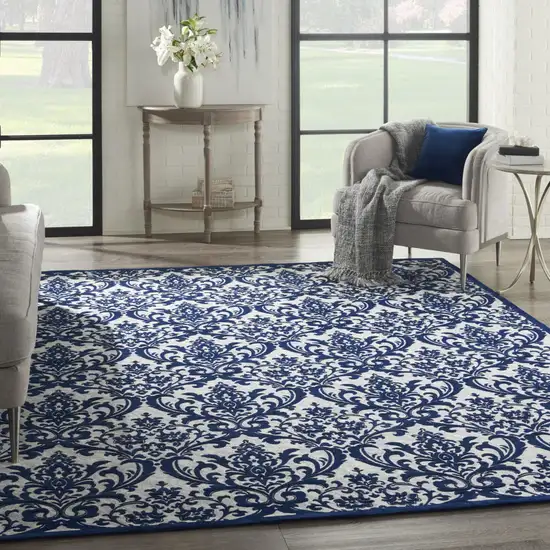 Navy Blue and Ivory Damask Distressed Area Rug Photo 7