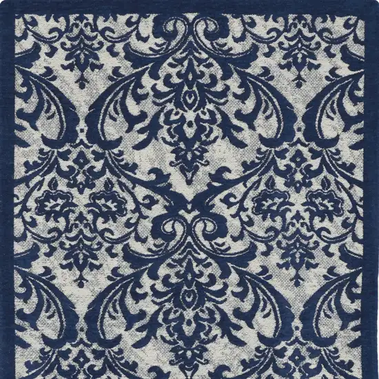 Navy Blue and Ivory Damask Distressed Area Rug Photo 5