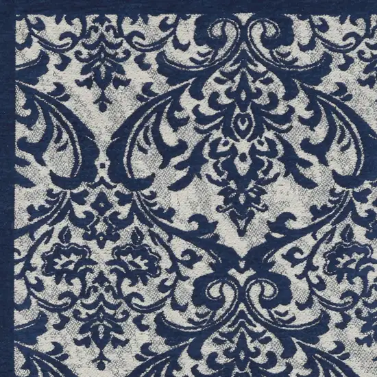 Navy Blue and Ivory Damask Distressed Area Rug Photo 4