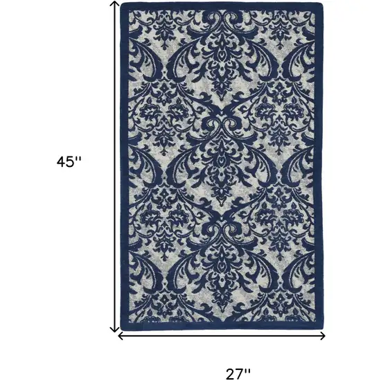 Navy Blue and Ivory Damask Distressed Area Rug Photo 3