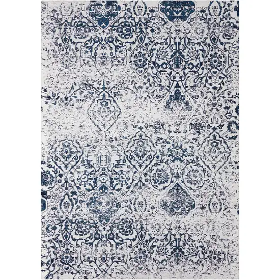 Navy Blue and Ivory Damask Distressed Area Rug Photo 5