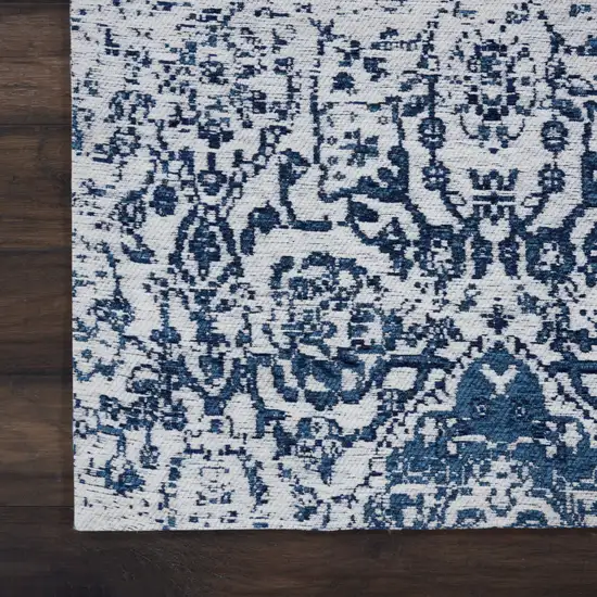 Navy Blue and Ivory Damask Distressed Area Rug Photo 6