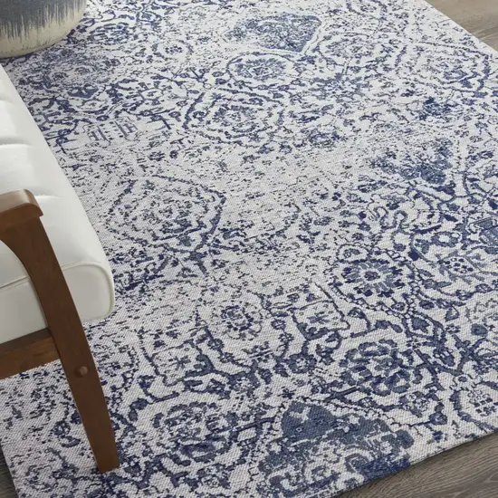 Navy Blue and Ivory Damask Distressed Area Rug Photo 7