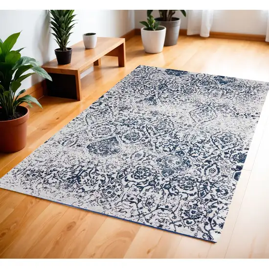 Navy Blue and Ivory Damask Distressed Area Rug Photo 1