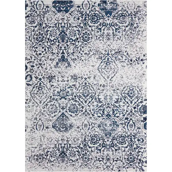 Navy Blue and Ivory Damask Distressed Area Rug Photo 2