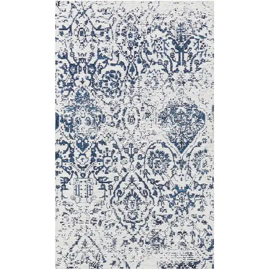 Navy Blue and Ivory Damask Distressed Area Rug Photo 2