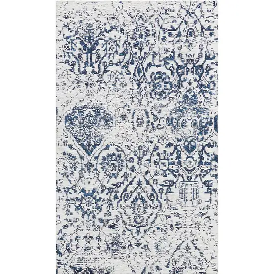 Navy Blue and Ivory Damask Distressed Area Rug Photo 5