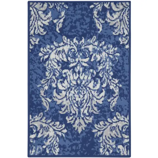 Navy Blue and Ivory Damask Distressed Area Rug Photo 2