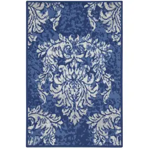 Photo of Navy Blue and Ivory Damask Distressed Area Rug