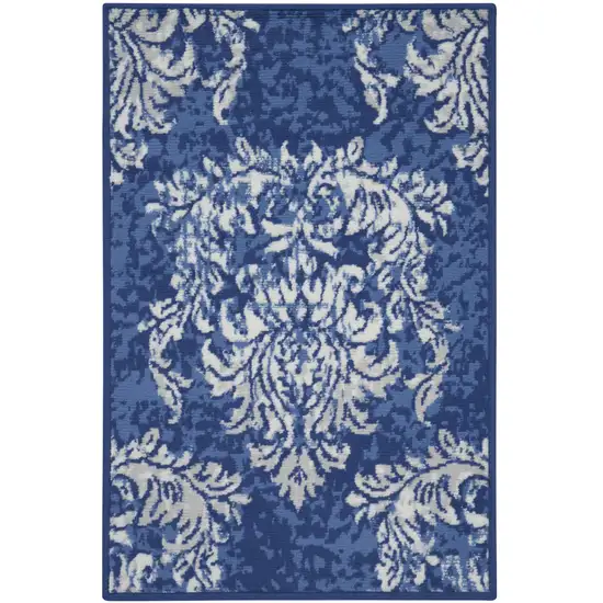 Navy Blue and Ivory Damask Distressed Area Rug Photo 4