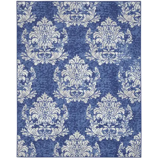 Navy Blue and Ivory Damask Distressed Non Skid Area Rug Photo 2