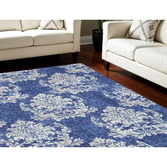 Navy Blue and Ivory Damask Distressed Non Skid Area Rug Photo 1