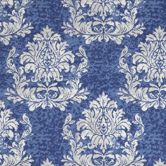 Navy Blue and Ivory Damask Distressed Non Skid Area Rug Photo 5