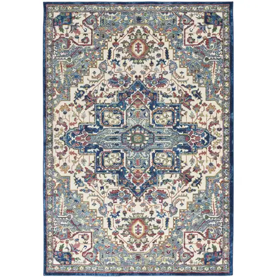 Navy Blue and Ivory Floral Medallion Distressed Non Skid Area Rug Photo 2