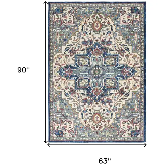 Navy Blue and Ivory Floral Medallion Distressed Non Skid Area Rug Photo 3