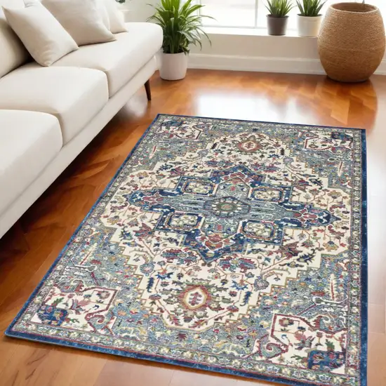 Navy Blue and Ivory Floral Medallion Distressed Non Skid Area Rug Photo 1