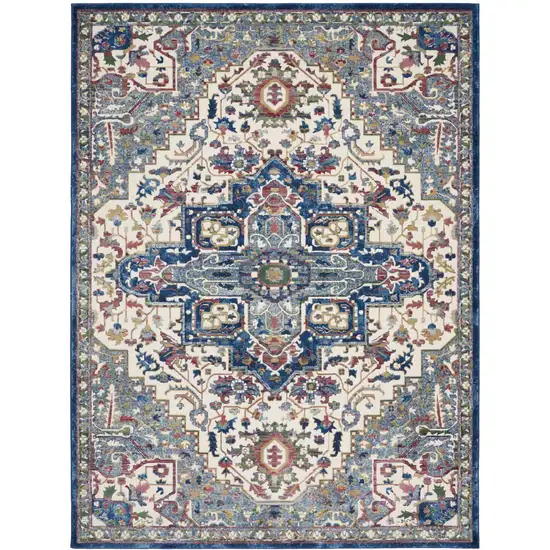 Navy Blue and Ivory Floral Medallion Distressed Non Skid Area Rug Photo 2