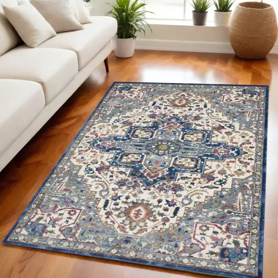 Navy Blue and Ivory Floral Medallion Distressed Non Skid Area Rug Photo 1