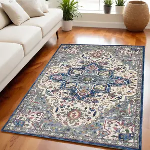 Photo of Navy Blue and Ivory Floral Medallion Distressed Non Skid Area Rug