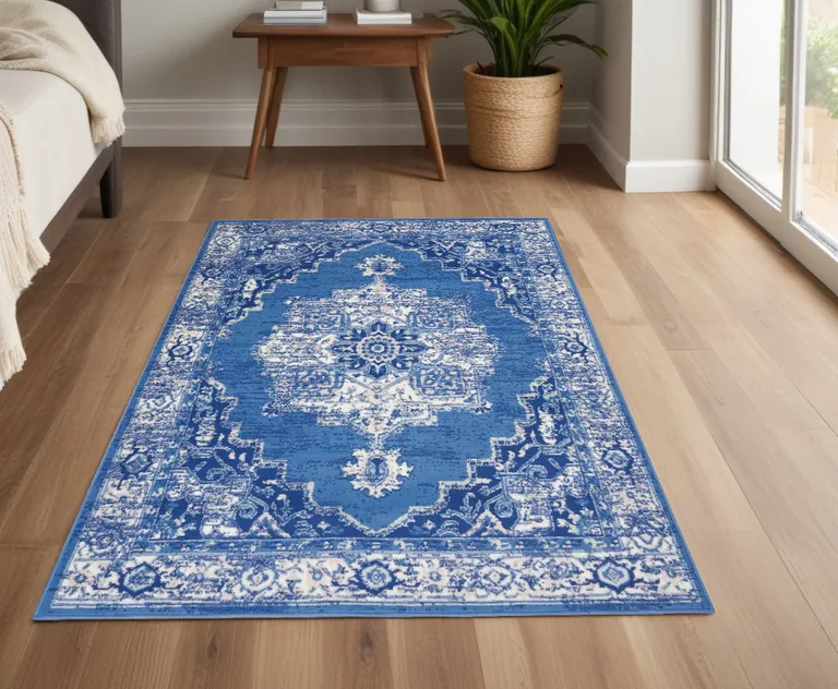 Navy Blue and Ivory Persian Medallion Area Rug Photo 2