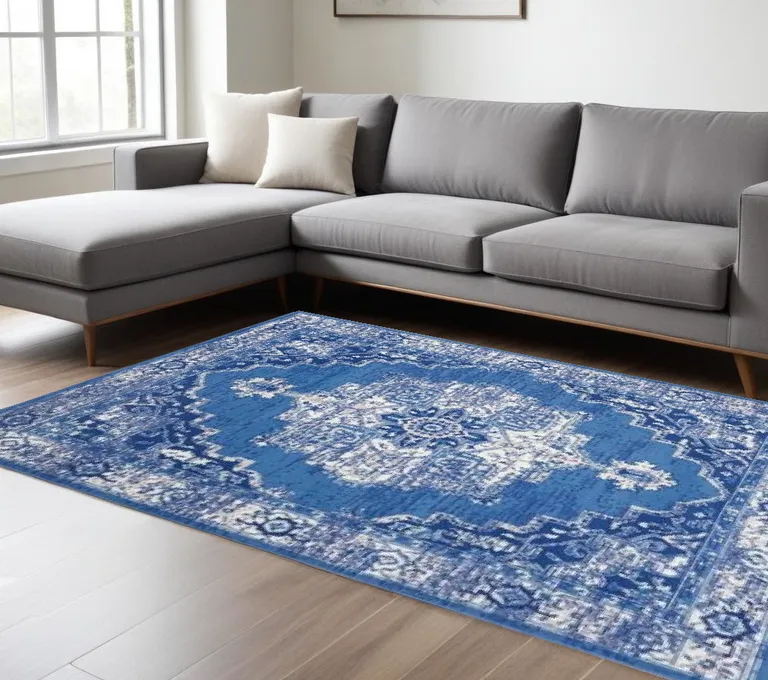 Navy Blue and Ivory Persian Medallion Area Rug Photo 4