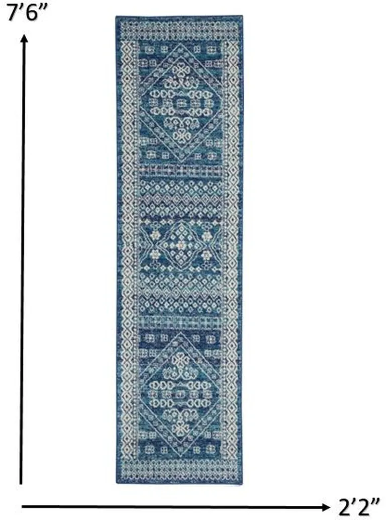 Navy Blue and Ivory Persian Motifs Runner Rug Photo 5