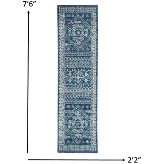 Navy Blue and Ivory Persian Motifs Runner Rug Photo 5