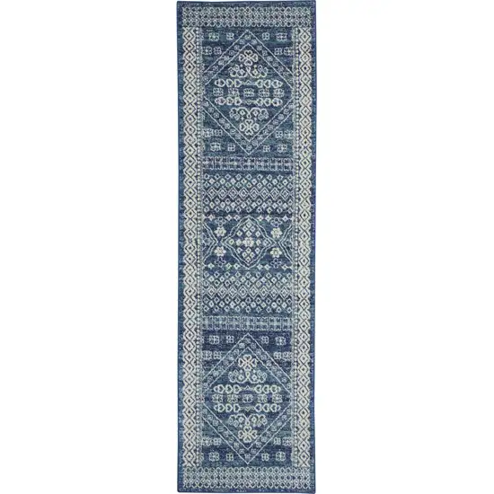 8' Navy Blue And Ivory Tribal Runner Rug Photo 1