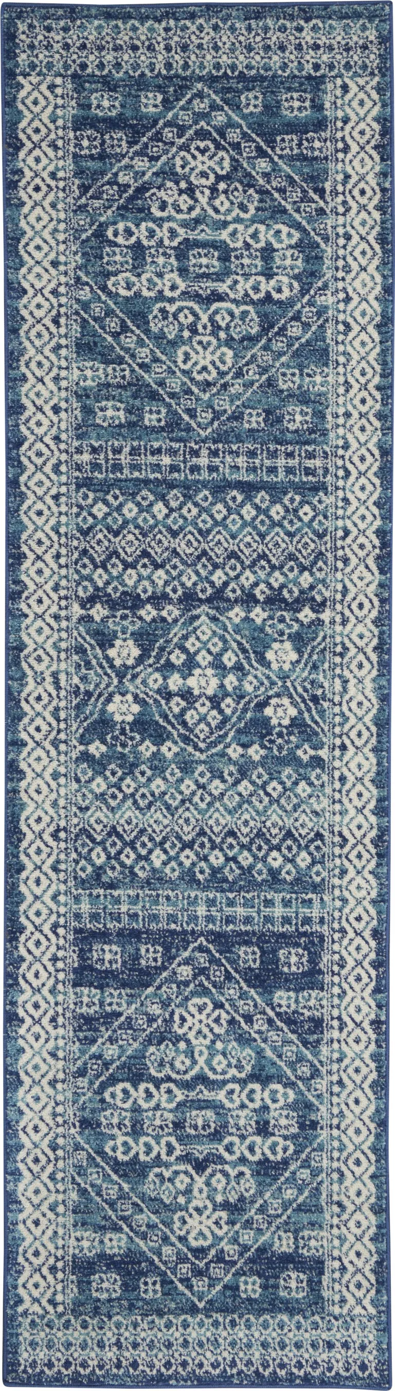 Navy Blue and Ivory Persian Motifs Runner Rug Photo 1