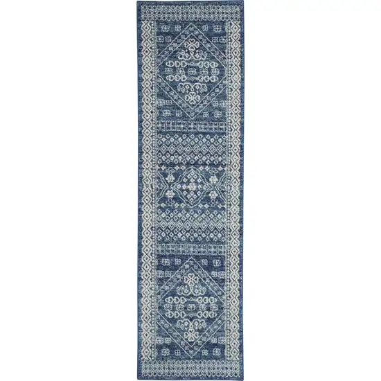 Navy Blue and Ivory Persian Motifs Runner Rug Photo 1