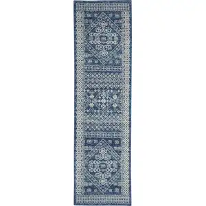 Photo of Navy Blue and Ivory Persian Motifs Runner Rug