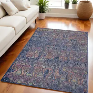 Photo of Navy Blue and Orange Ogee Distressed Non Skid Area Rug