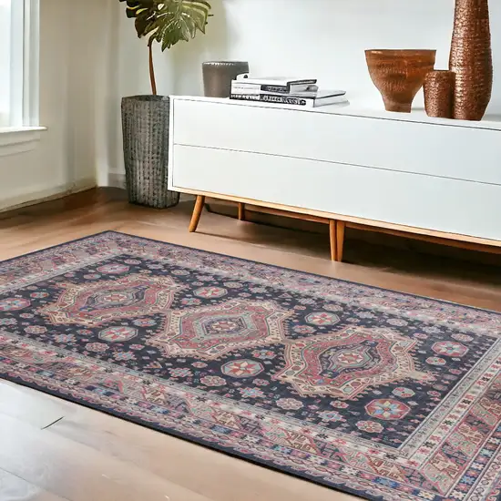 Navy Blue and Red Medallion Distressed Non Skid Area Rug Photo 1