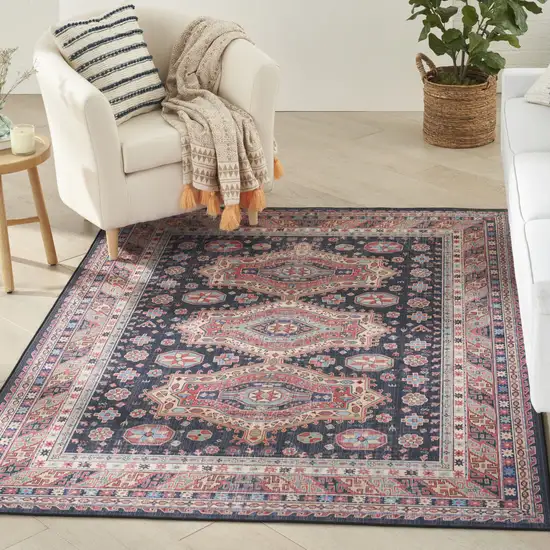 Navy Blue and Red Medallion Distressed Non Skid Area Rug Photo 9